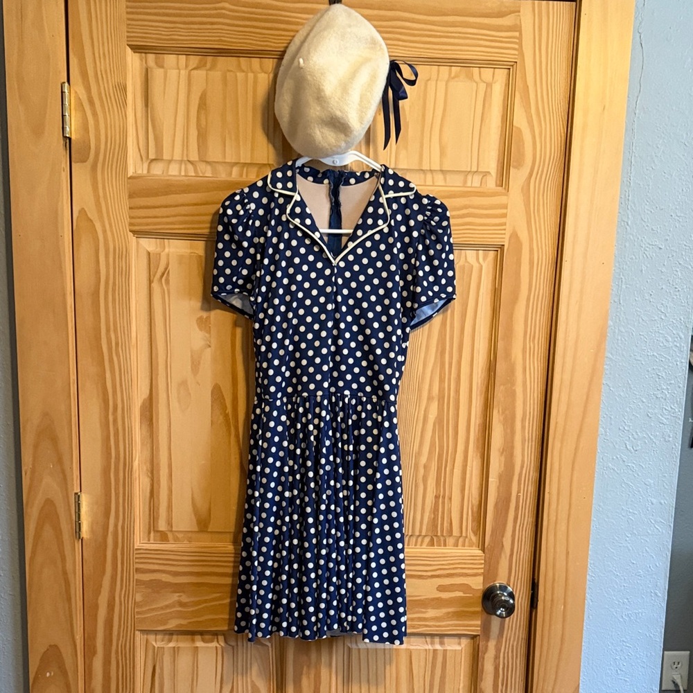 Weissman Navy Polka Dot Dress with Cream Beret